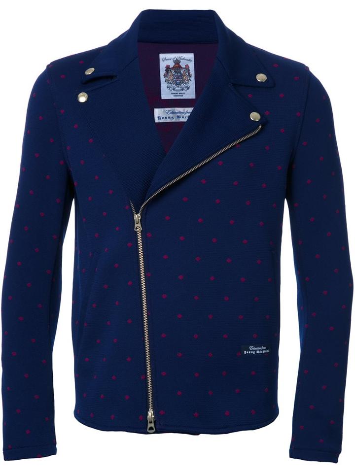 Education From Youngmachines Dotted Back Quote Biker Jacket, Men's, Size: 3, Blue, Polyester