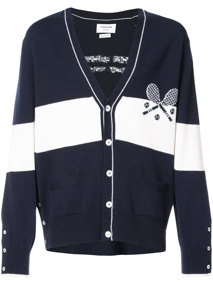 Thom Browne Cashmere Striped Tennis Cardigan - Blue