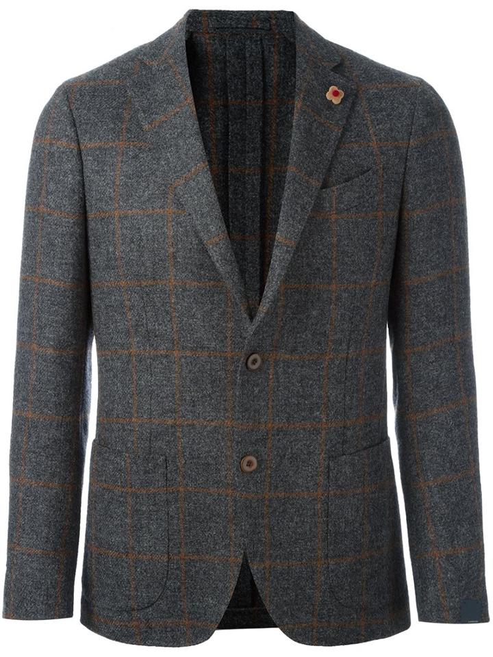 Lardini Grid Check Blazer, Men's, Size: 54, Grey, Wool/polyester