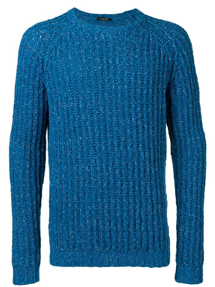 Roberto Collina Ribbed Trim Jumper, Men's, Size: 48, Blue, Cotton/polyester/linen/flax