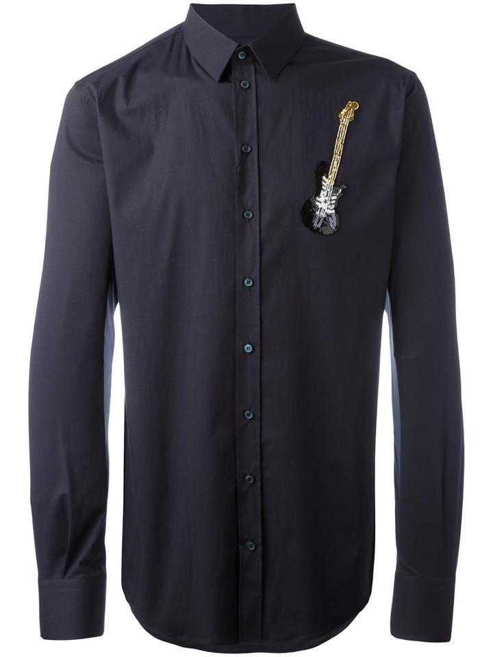 Dolce & Gabbana Sequin Embroidered Guitar Shirt, Men's, Size: 39, Black, Cotton/spandex/elastane/polyamide/viscose