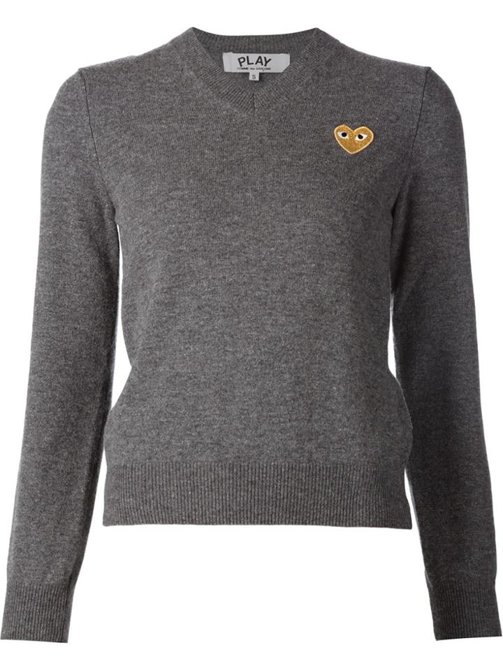 Comme Des Garçons Play Embroidered Heart V-neck Jumper - Grey