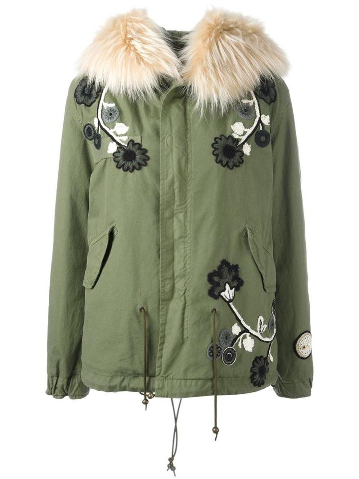 Mr & Mrs Italy Embroidered Mini Parka, Women's, Size: Xs, Green, Cotton/polyester/racoon Fur