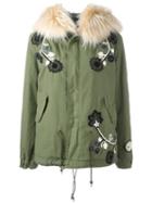 Mr & Mrs Italy Embroidered Mini Parka, Women's, Size: Xs, Green, Cotton/polyester/racoon Fur