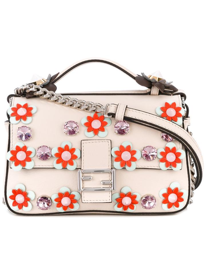 Fendi - Embellished Micro Double Baguette Cross Body Bag - Women - Leather/metal/glass - One Size, Nude/neutrals, Leather/metal/glass