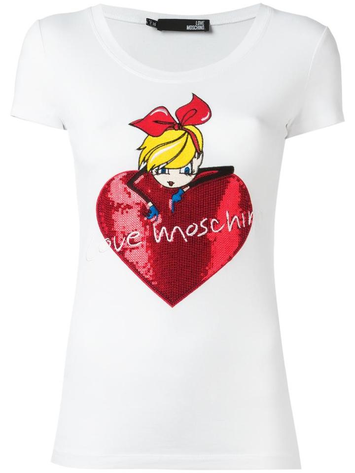 Love Moschino Sequinned Heart T-shirt, Women's, Size: 42, White, Cotton/spandex/elastane