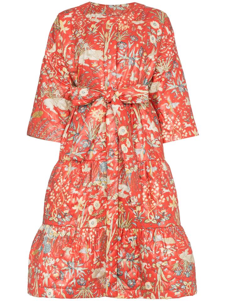 Rianna + Nina Red Floral Print Quilted Cotton Long Sleeve Coat -