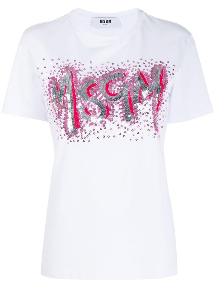 Msgm Sequin Embroidered Logo T-shirt - White