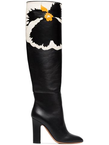 Valentino Leather Floral Knee High Boots - Black