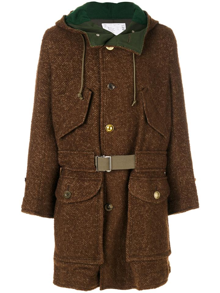 Sacai Buckled Hooded Coat - Brown