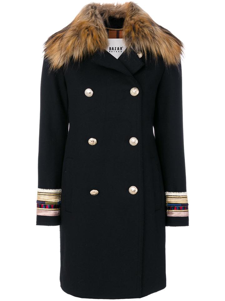 Bazar Deluxe Embroidered Cuffs Double-breasted Coat - Black