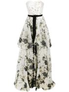 Marchesa Notte Floral Embroidered Tiered Gown - White