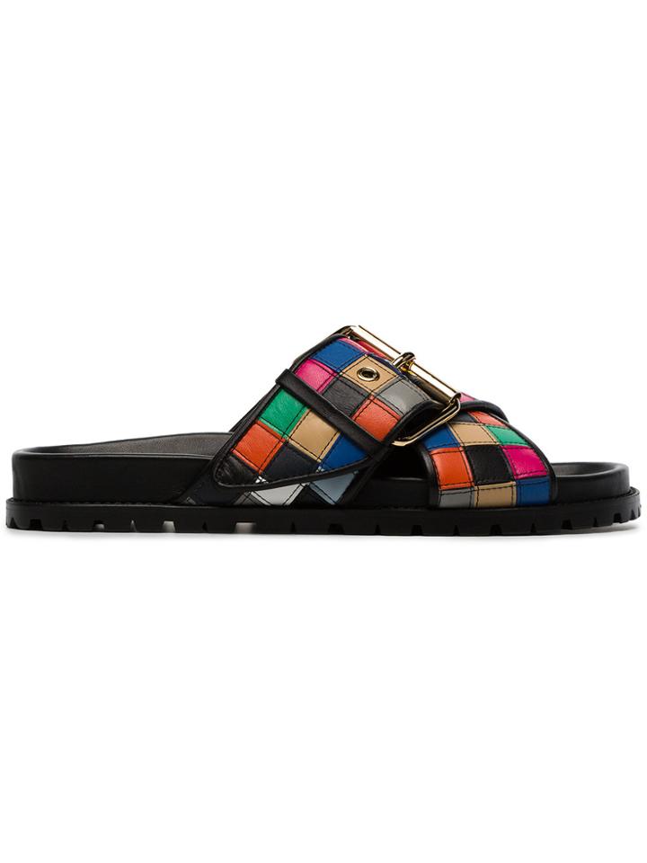 Sacai Multicoloured Patchwork Leather Slides - Black
