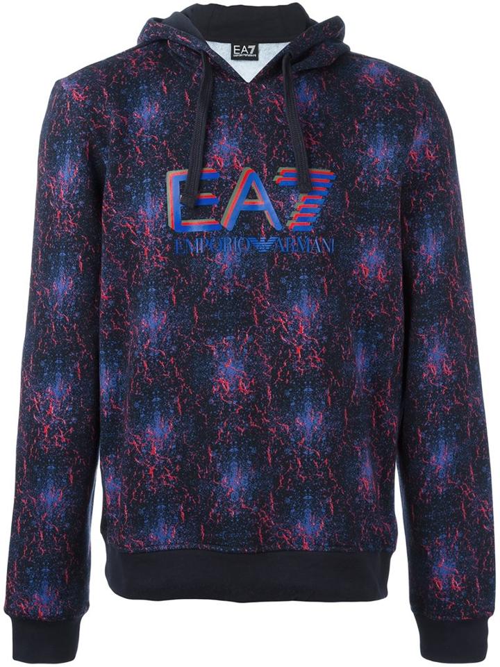 Ea7 Emporio Armani Logo Print Hoodie, Men's, Size: Small, Blue, Cotton/polyester