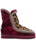 Mou Velvet And Leopard Print Inner Wedge Boots - Red