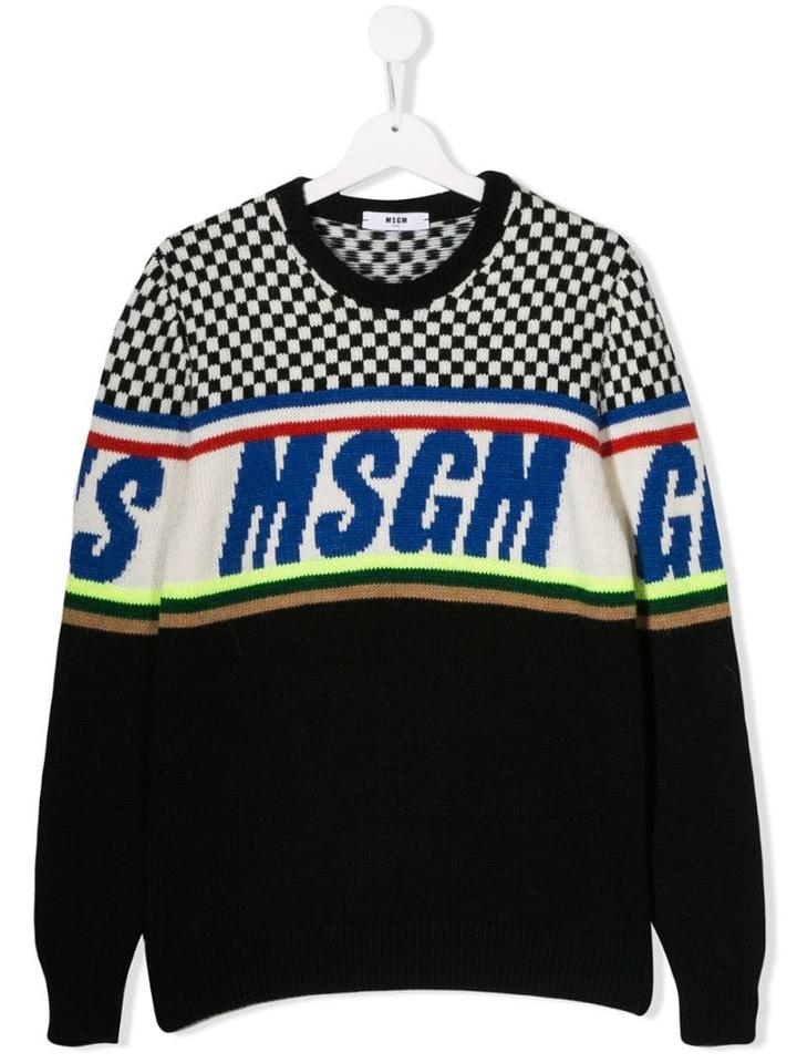 Msgm Teen Striped And Check Logo Sweater - Black