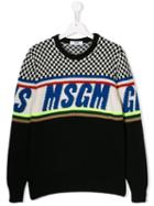 Msgm Teen Striped And Check Logo Sweater - Black