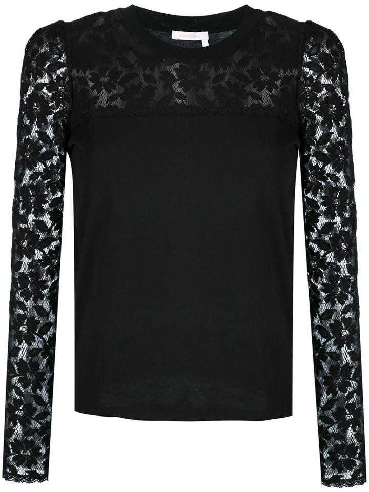 See By Chloé - Lace Sleeve Top - Women - Cotton - Xs, Black, Cotton