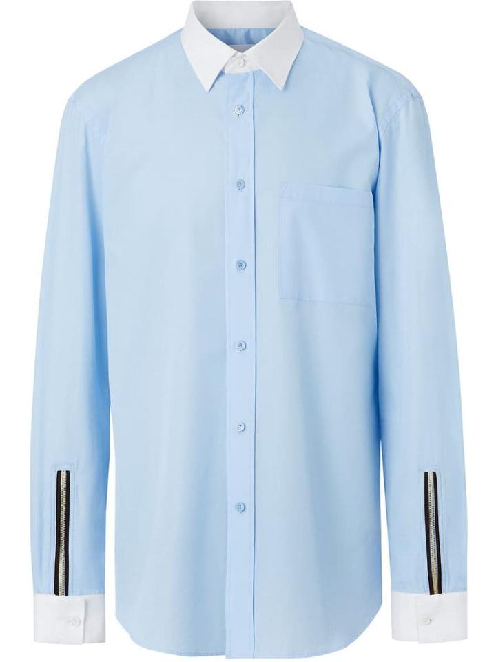 Burberry Classic Fit Zip Detail Cotton Poplin Shirt - Blue
