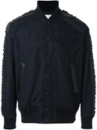 Sacai Textured Sleeve Bomber Jacket, Men's, Size: 3, Blue, Cotton/calf Leather/cupro/rayon