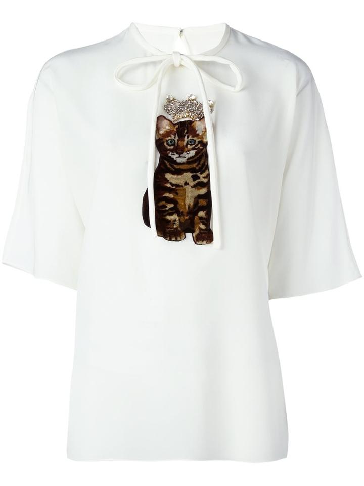 Dolce & Gabbana Crowned Kitten Patch Top, Women's, Size: 38, White, Silk/viscose/crystal/polyester
