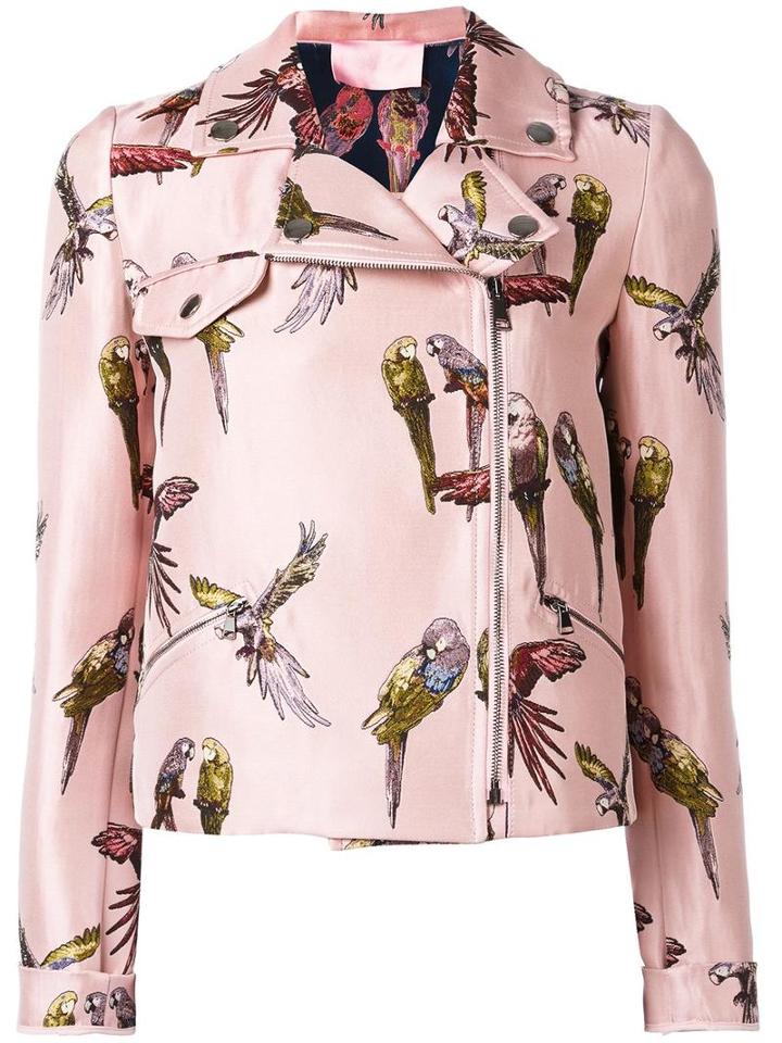 Giamba Parrot Print Biker Jacket, Women's, Size: 38, Pink/purple, Polyester/cupro
