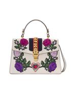Gucci Sylvie Embroidered Medium Top Handle Bag - White