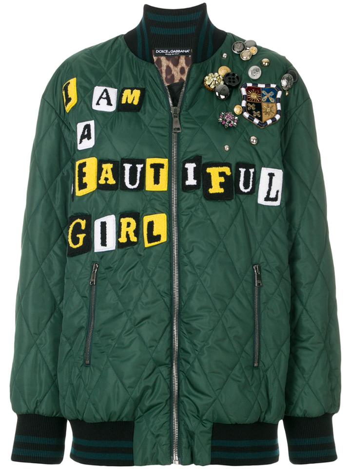 Dolce & Gabbana Embellished Slogan Front Bomber Jacket - Green