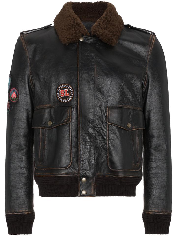 Saint Laurent Leather Flight Jacket With Patches - Black