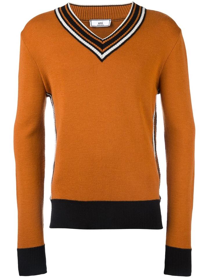Ami Alexandre Mattiussi - V Neck Sweater - Men - Wool - M, Yellow/orange, Wool