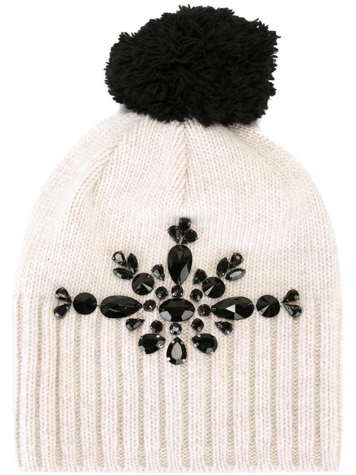 Le Chapeau Embellished Pompom Beanie, Women's, Nude/neutrals, Wool/polyamide/glass