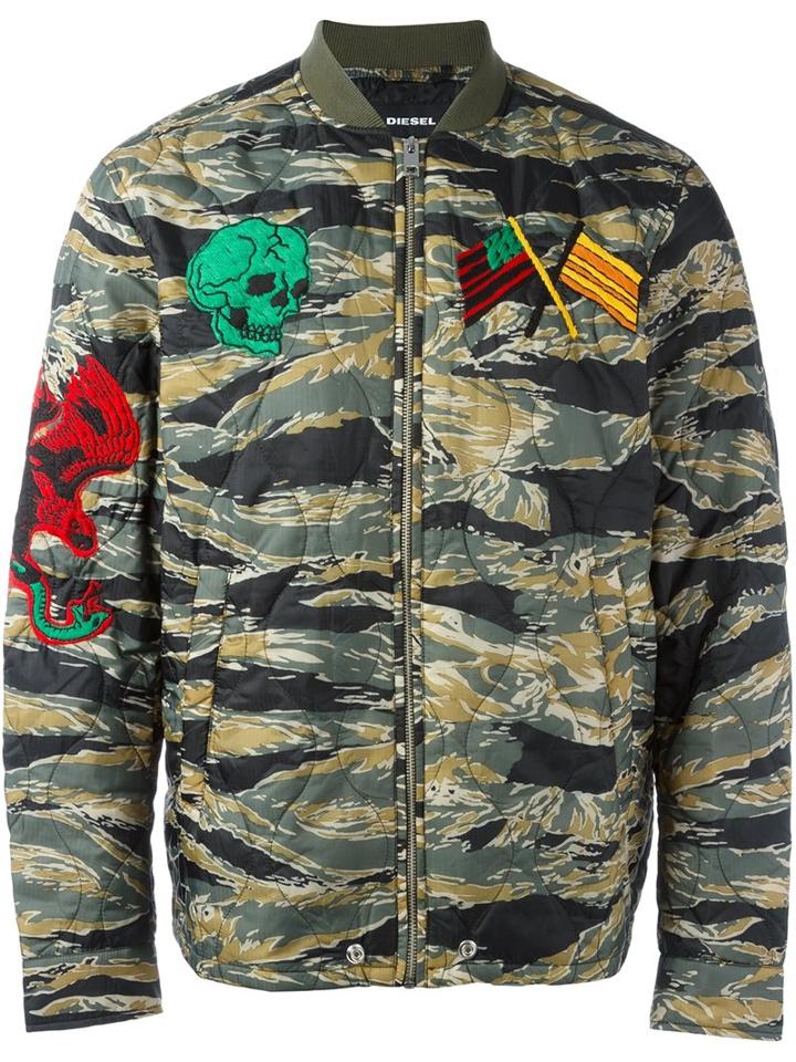Diesel 'w-camu' Bomber Jacket, Men's, Size: Xl, Green, Polyester/viscose