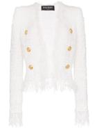 Balmain Tweed Shredded Hem Gold-tone Button Jacket - White