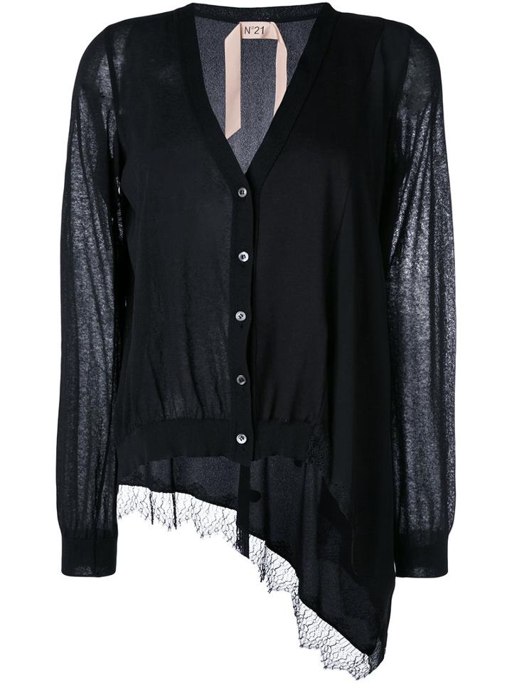 No21 Asymmetric Lace Hem Cardigan, Women's, Size: 42, Black, Silk/cotton/polyamide/acetate