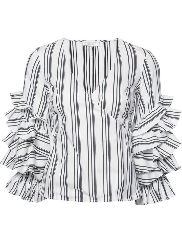 Caroline Constas Striped Ruffled Sleeves Blouse, Women's, Size: Xs, White, Cotton/nylon/spandex/elastane