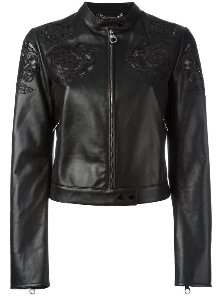 Versace Baroque Embroidered Cropped Jacket, Women's, Size: 42, Black, Lamb Skin/polyamide/spandex/elastane/viscose