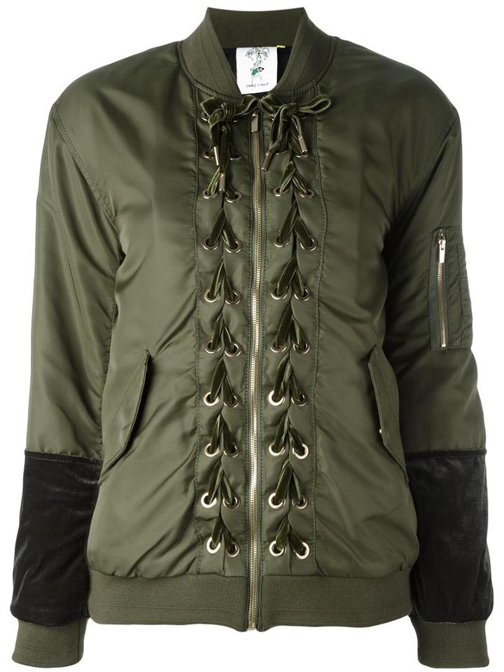 Steve J & Yoni P Velvet Ribbon Bomber Jacket, Women's, Size: Medium, Green, Polyamide/polyester/wool