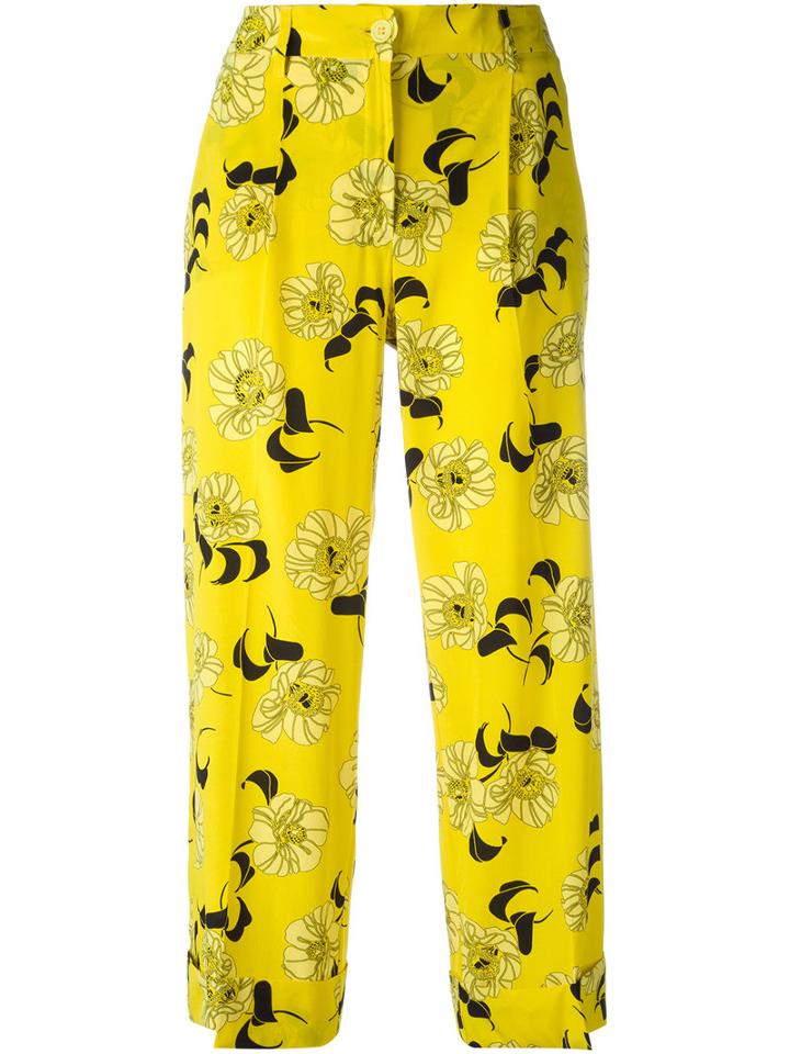 P.a.r.o.s.h. - Cropped Floral Print Trousers - Women - Silk/elastodiene - L, Women's, Yellow/orange, Silk/elastodiene