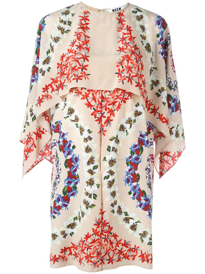 Msgm Floral Print Cape Dress, Women's, Size: 46, Nude/neutrals, Silk