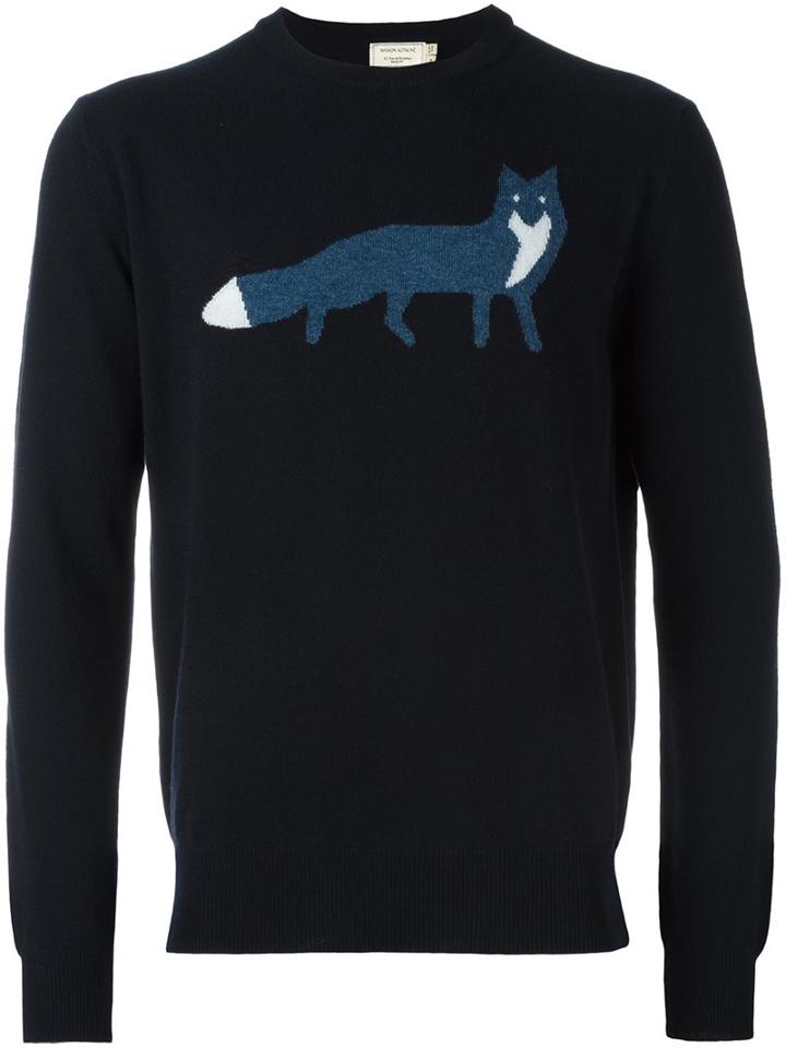 Maison Kitsuné Fox Intarsia Jumper, Men's, Size: Medium, Blue, Wool