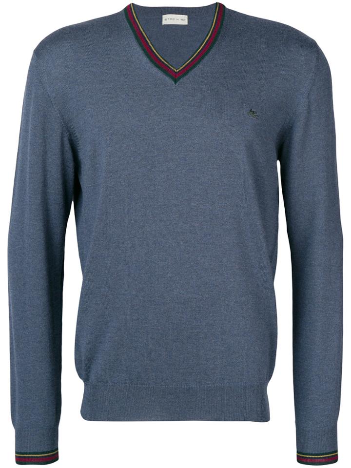 Etro V-neck Logo Sweater - Blue