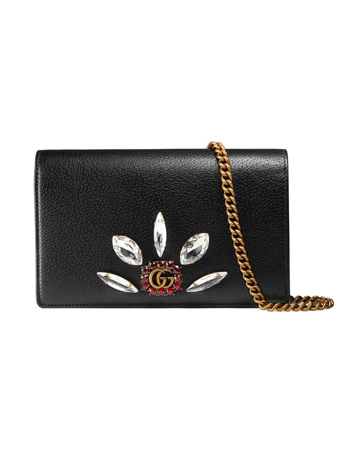 Gucci Leather Mini Chain Bag With Double G And Crystals - Black