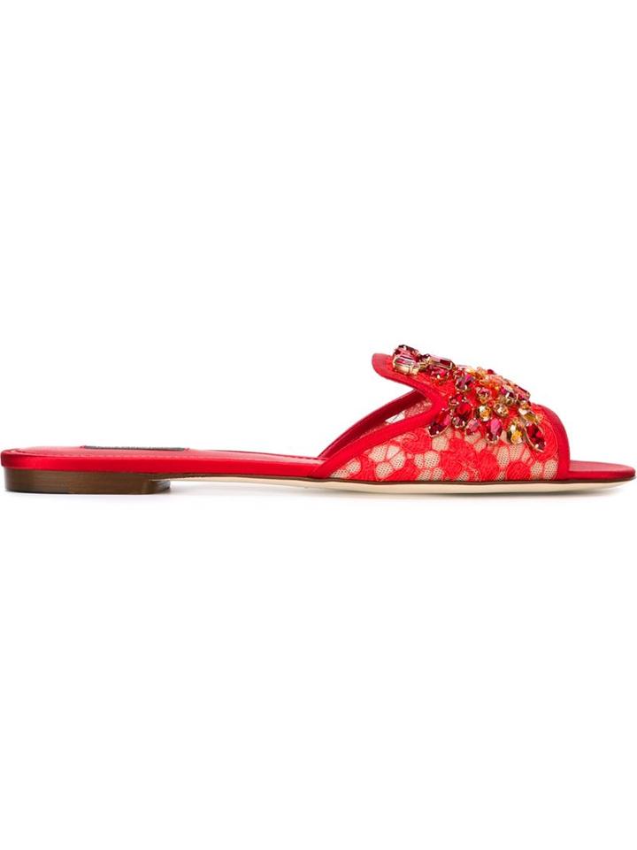 Dolce & Gabbana Embellished Lace Sandals, Women's, Size: 37, Red, Linen/flax/glass/leather