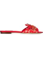 Dolce & Gabbana Embellished Lace Sandals, Women's, Size: 37, Red, Linen/flax/glass/leather