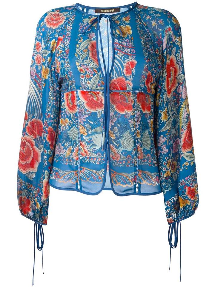 Roberto Cavalli Printed Peasant Blouse, Women's, Size: 42, Blue, Silk
