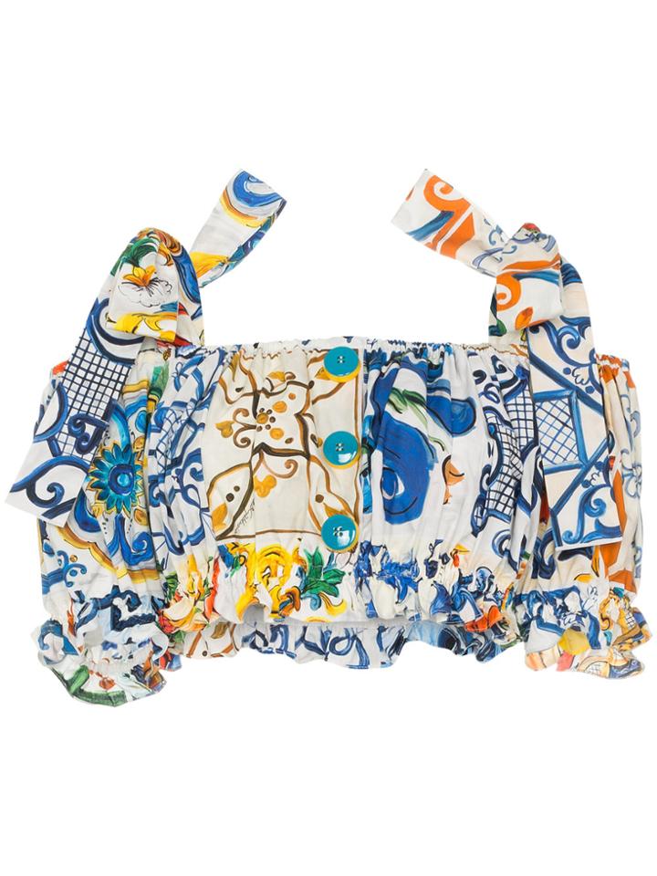 Dolce & Gabbana Cold-shoulder Majolica Print Ruffle Cotton Cropped