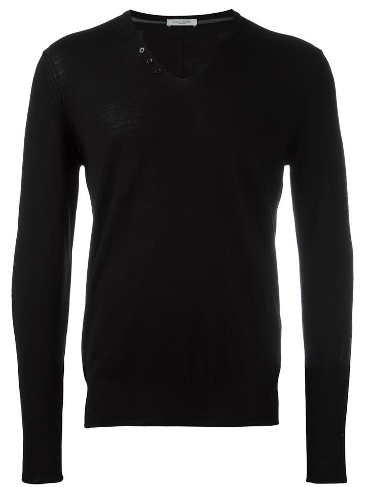 Paolo Pecora Buttoned V-neck Jumper, Men's, Size: Xl, Black, Polyester/polyurethane/wool