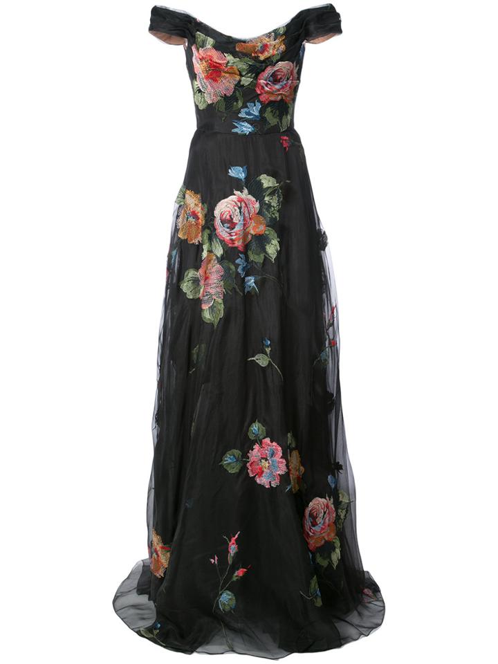 Marchesa Notte Floral-embroidered Off-the-shoulder Gown - Black