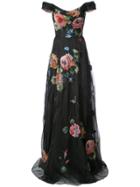 Marchesa Notte Floral-embroidered Off-the-shoulder Gown - Black