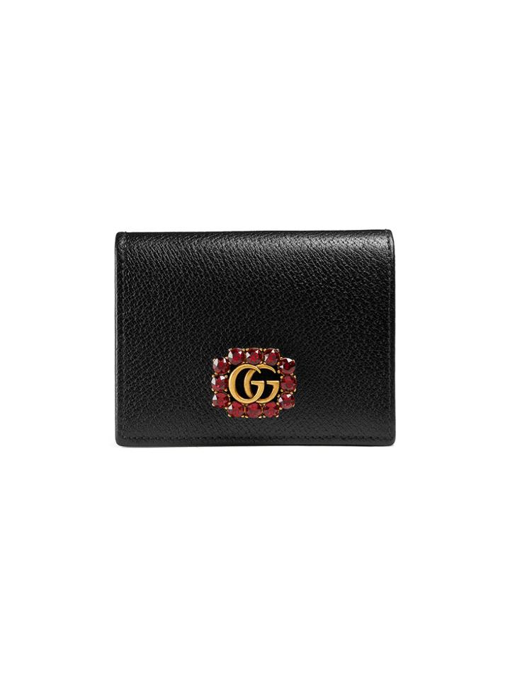 Gucci Leather Card Case With Double G And Crystals - Black